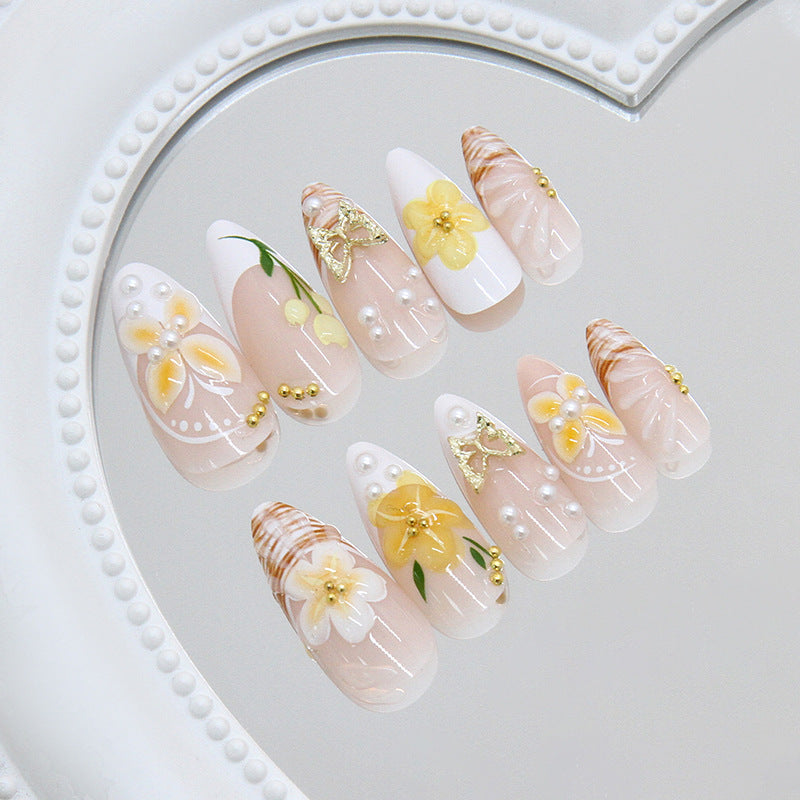 Medium French Tip & Pearl Detail Press-On Nail Set (24 Pieces) – side angle