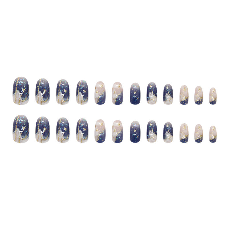 Blue Ombre Quicksand Press-On Nails, Short Oval – full set laid out