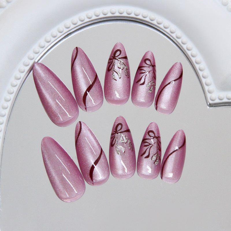 3D Flower & Floral Glitter Press-On Nails, Medium Almond – close-up detail