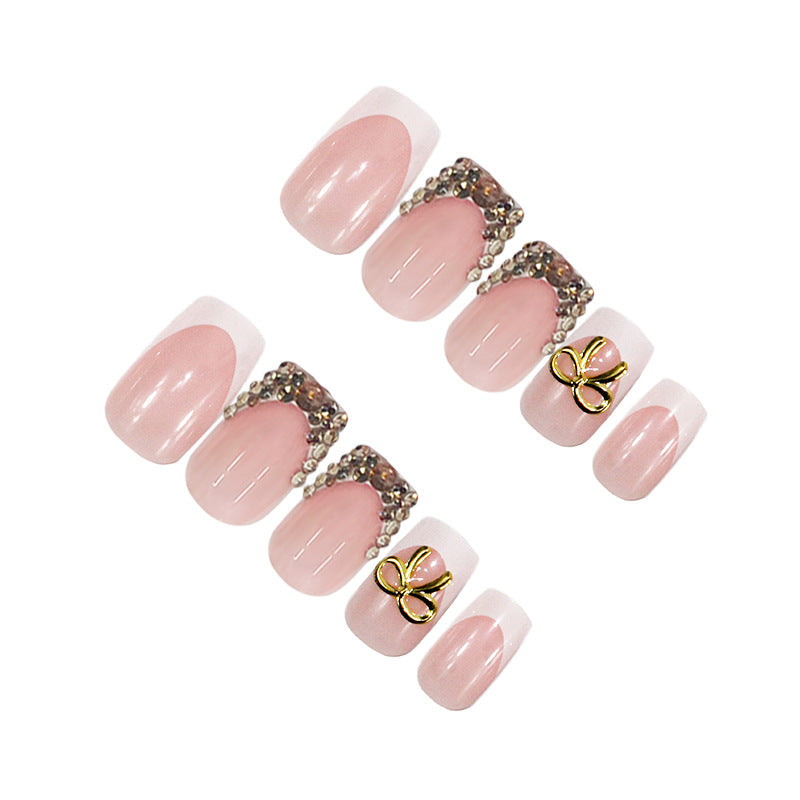 French Tip & Diamond Accent French Press-On Nails, Short – side angle