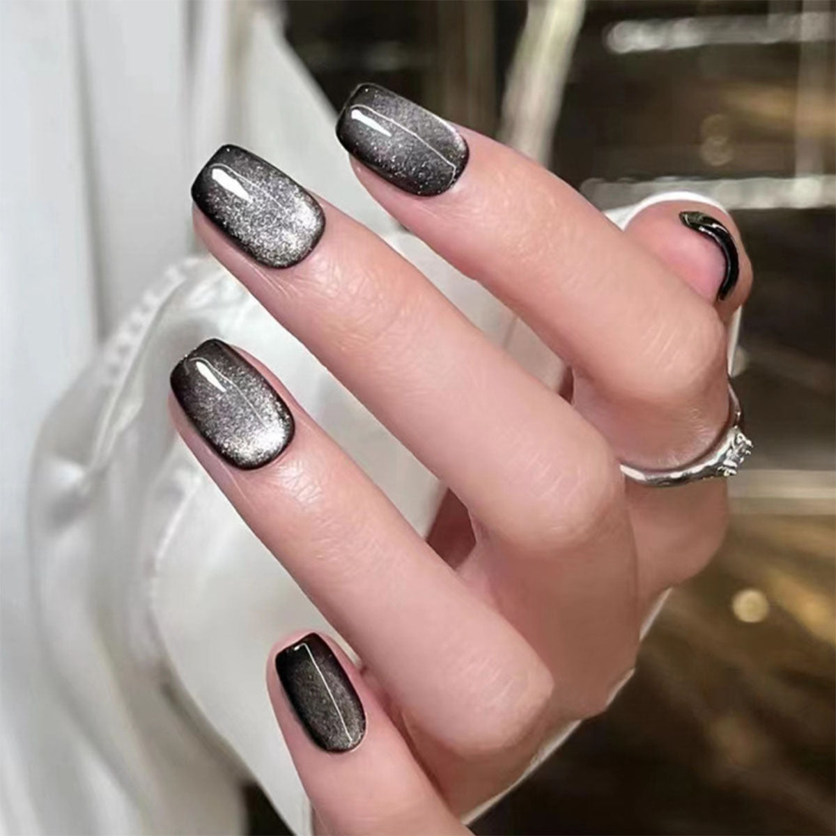 Crystal & Cat Eye Press-On Nails, Short Square, 24-Piece Set – front view