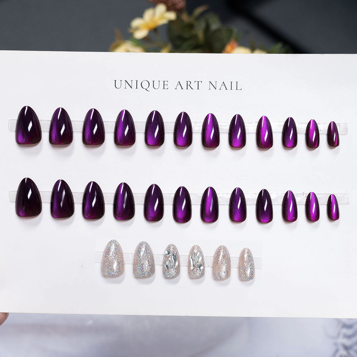 Short Almond Duo-Tone Shimmer & Cat Eye Press-On Nail Set (24 Pieces) – side angle