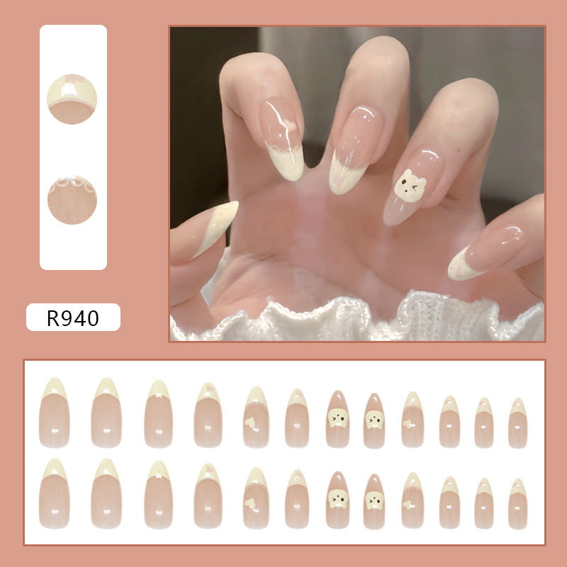 French Tip & Heart Press-On Nails, Medium Almond – close-up detail