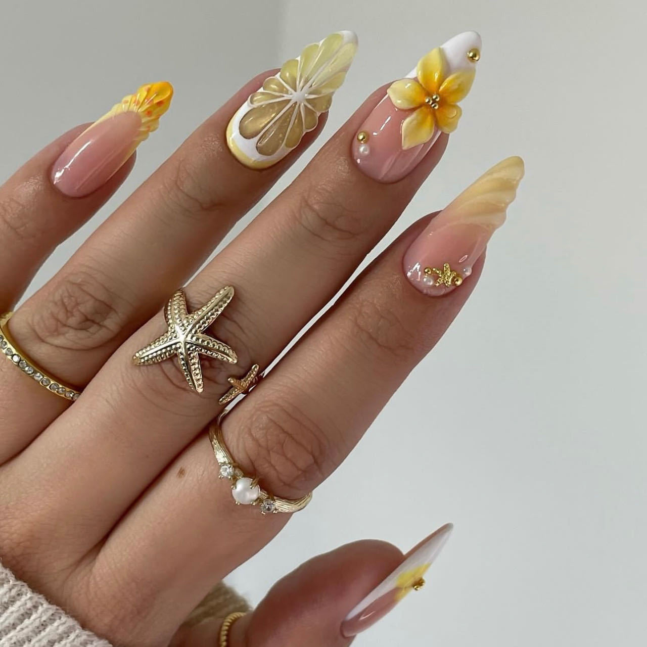 Lemon & Rhinestone Glitter Press-On Nails, Medium Almond – front view