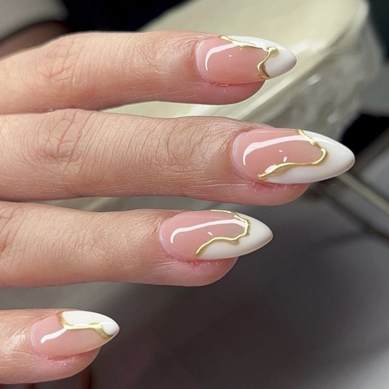 French Tip & Gold Foil Press-On Nails, Short Almond – front view