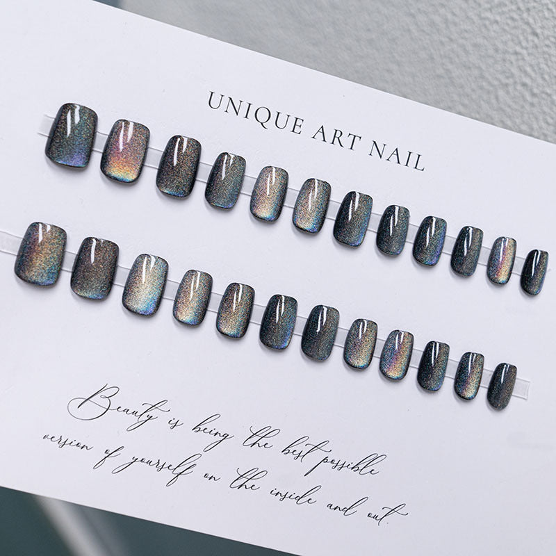 Rainbow & Cat Eye Press-On Nails, Long, 24-Piece Set – close-up detail