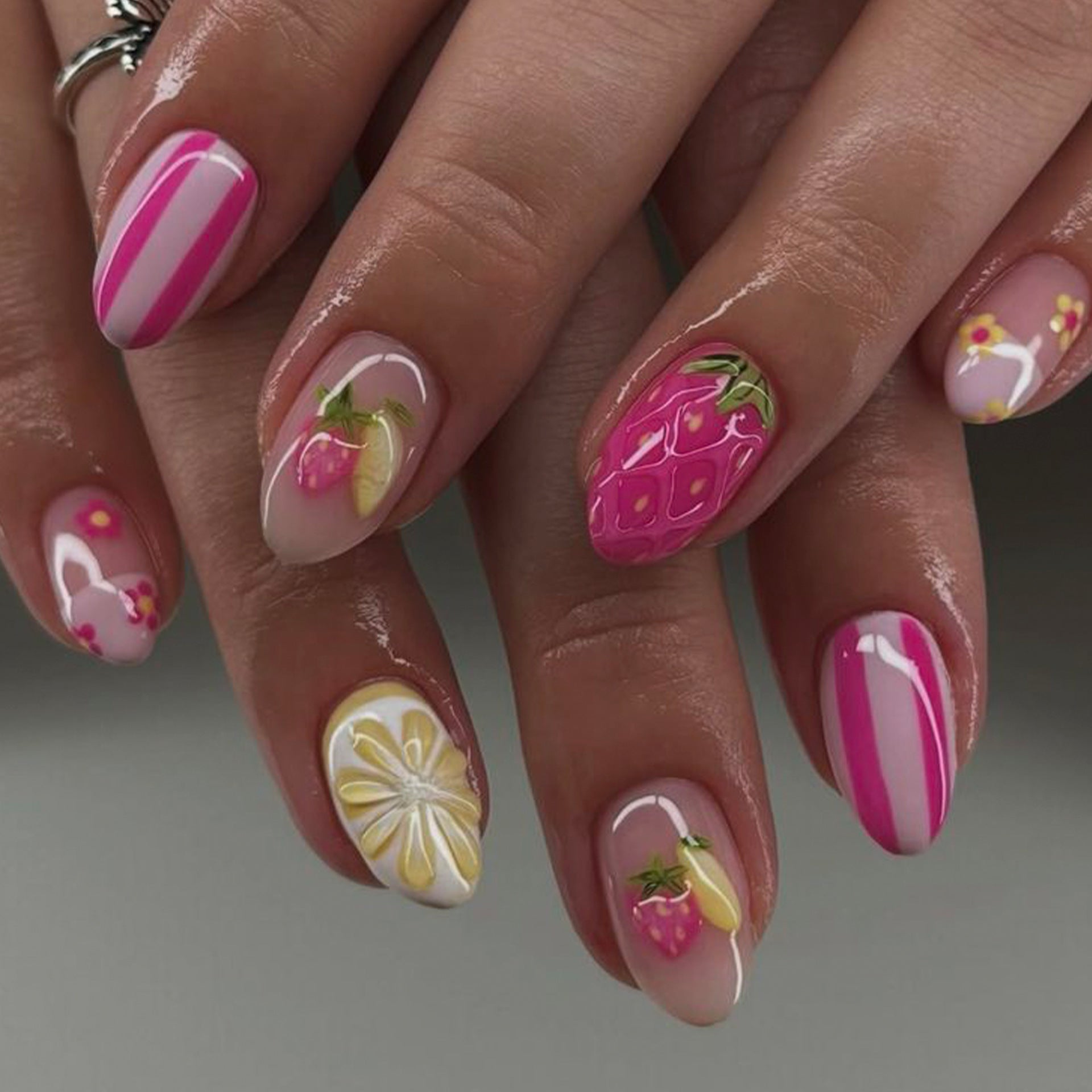 Short Almond Strawberry & Striped Press-On Nail Set (24 Pieces) – front view