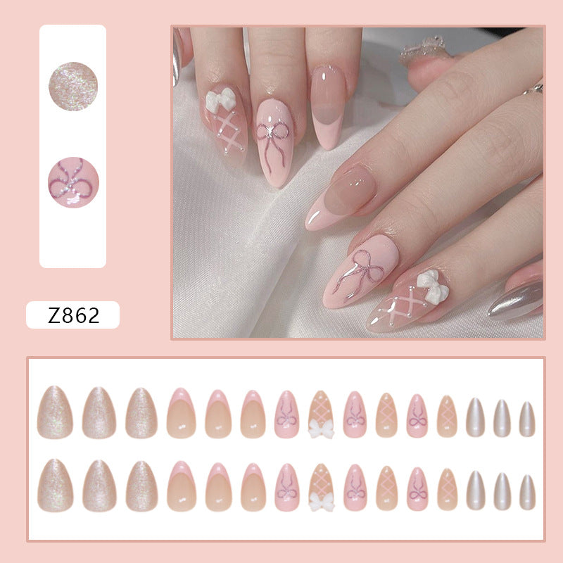Medium Almond Bowknot & Solid Color Press-On Nail Set (24 Pieces) – close-up detail