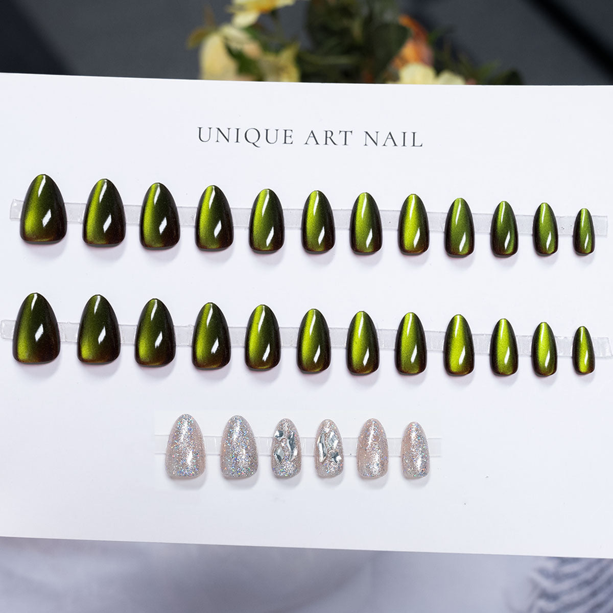 Duo-Tone Shimmer & Cat Eye Press-On Nails, Short Almond – close-up detail