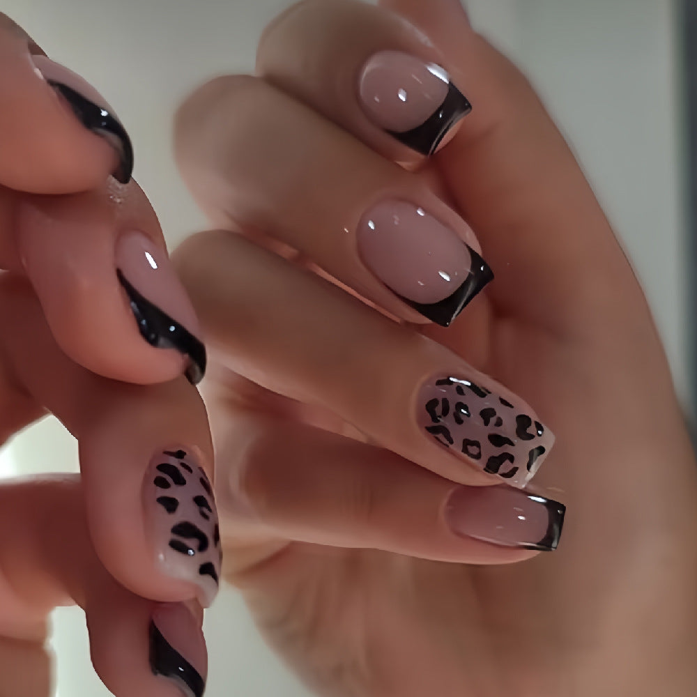 Medium Square Leopard Print & French Tip Press-On Nail Set (24 Pieces) – front view