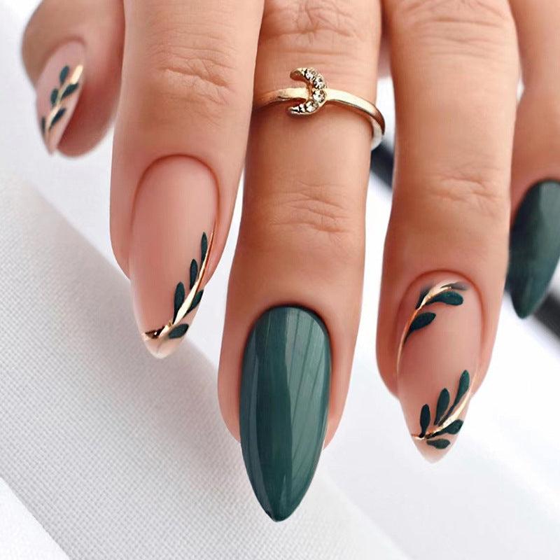 Frosted Finish & Leaf Motif Almond Press-On Nails, Almond – front view