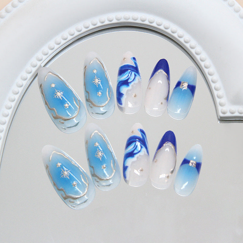 Wave Texture & French Tip French Nails, Medium Almond, 24 Pieces on hand