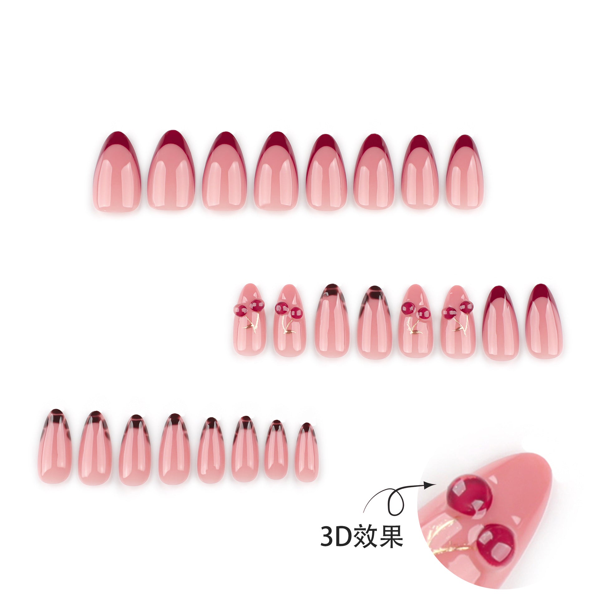 French Tip & Cherry Press-On Nails, Short, 24-Piece Set – close-up detail