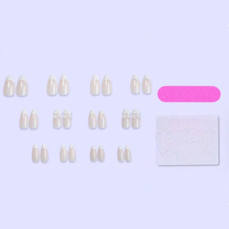 French Tip & Bowknot Press-On Nails, Almond, 24-Piece Set on hand