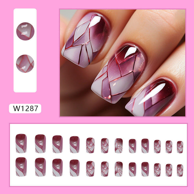 Crackle Texture & Wine Red Gel Press-On Nails, Medium Square – close-up detail