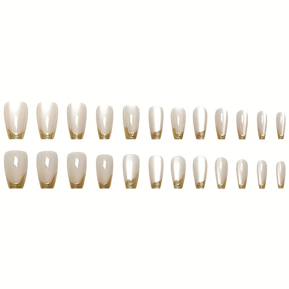 Gold Foil & French Tip Press-On Nails, Medium Ballerina on hand