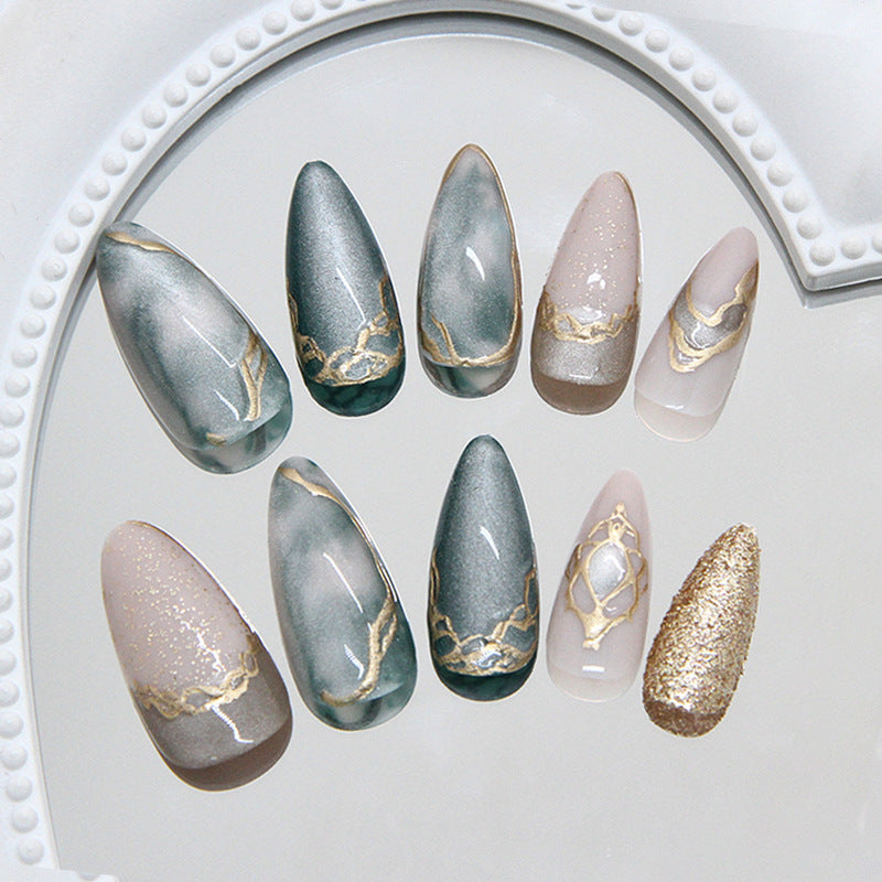 Cat Eye & Gold-Plated Press-On Nails, Medium Almond, 24-Piece Set on hand