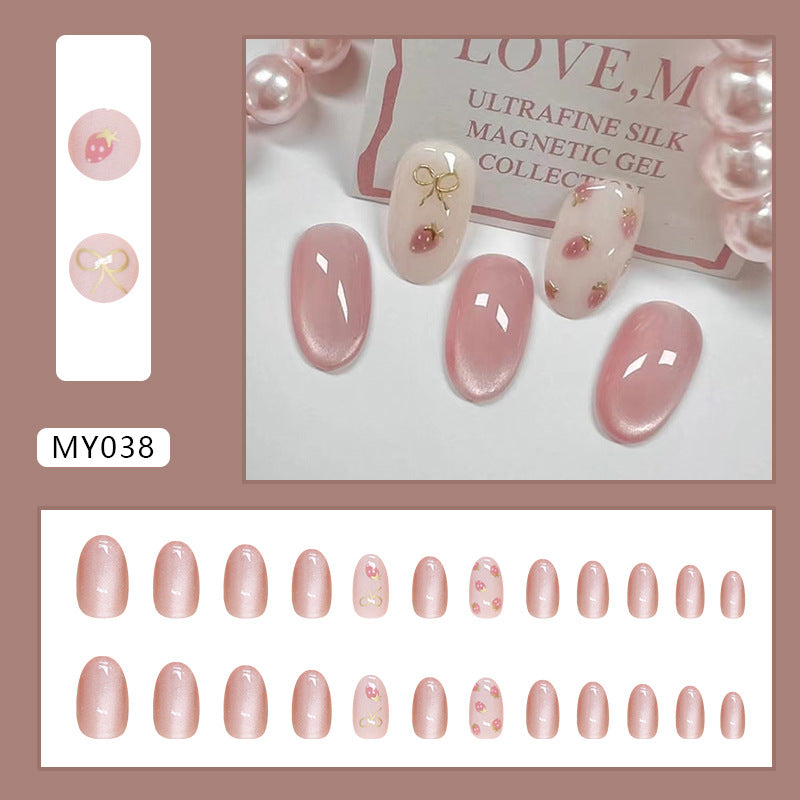 Cat Eye & Bowknot Press-On Nails, Medium Oval – full set laid out