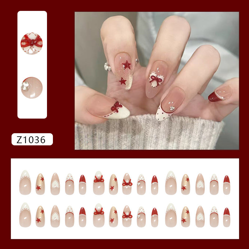 Medium Almond Bowknot & Polka Dot Press-On Nail Set (30 Pieces) – close-up detail