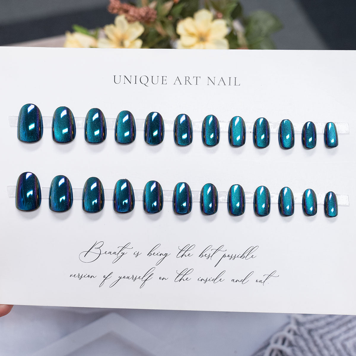 Electroplated Finish & Cat Eye Press-On Nails, Short Almond, 24-Piece Set – side angle