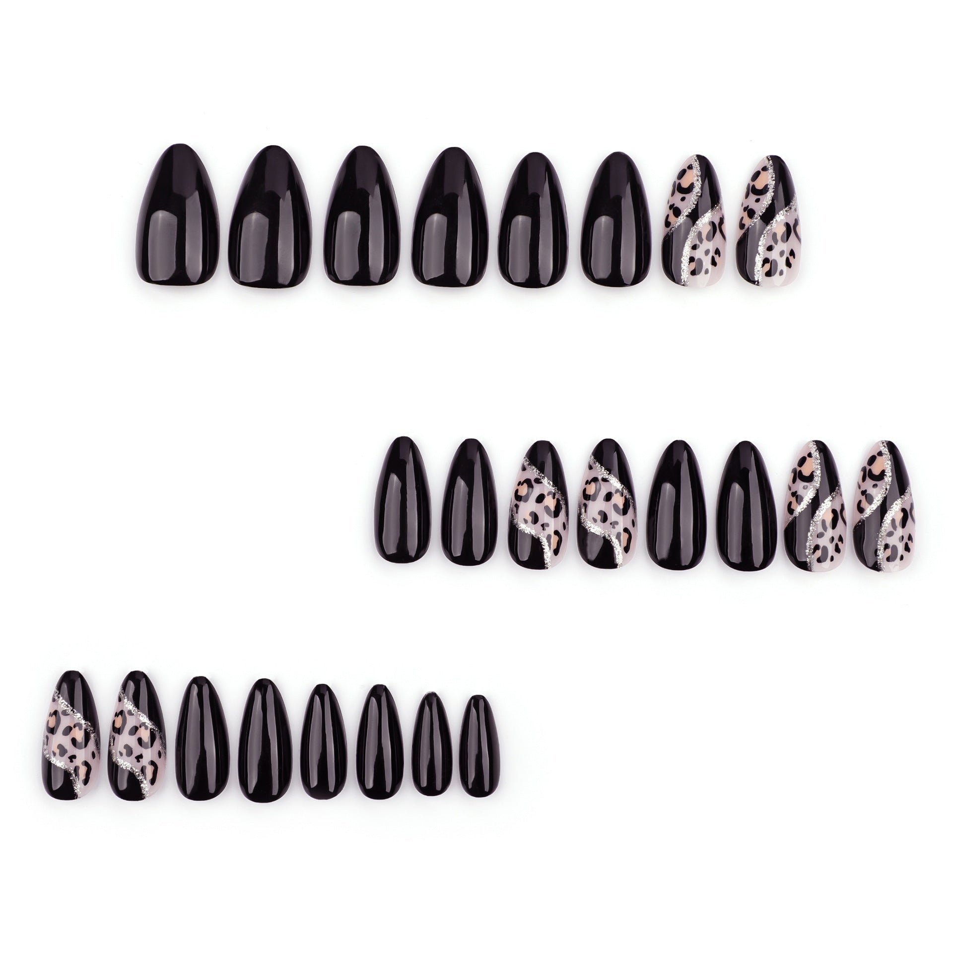 Short Almond Leopard Print & Color-Block Stitching Press-On Nail Set (24 Pieces) – close-up detail