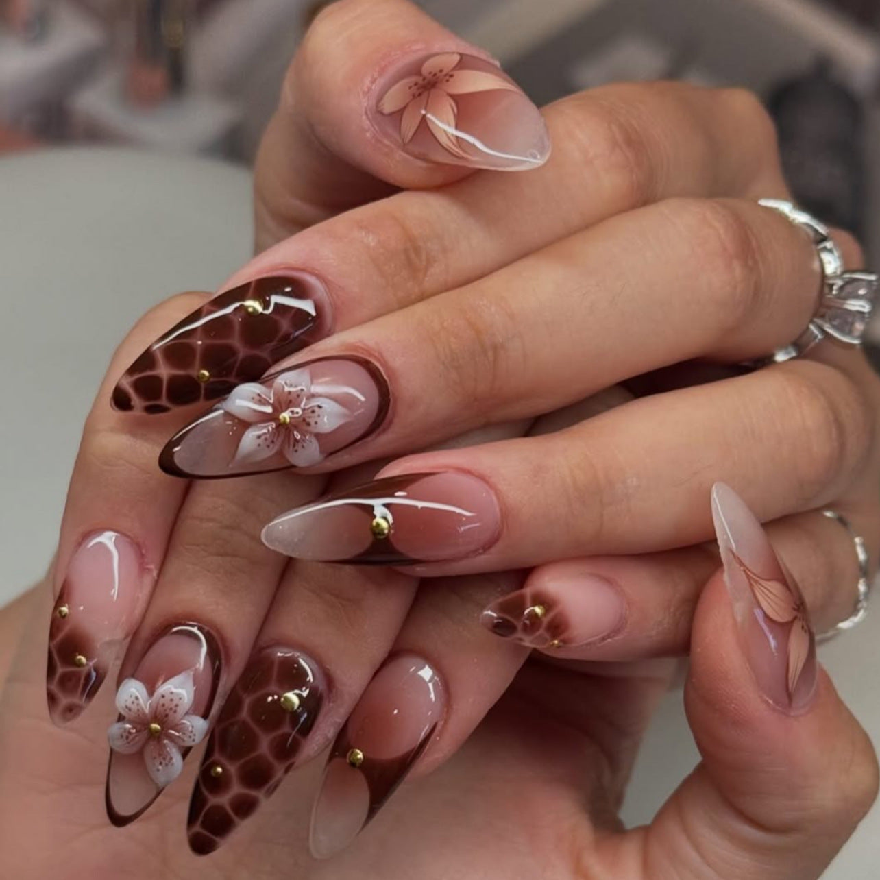 French Tip & Floral French Press-On Nails, Short Almond – front view