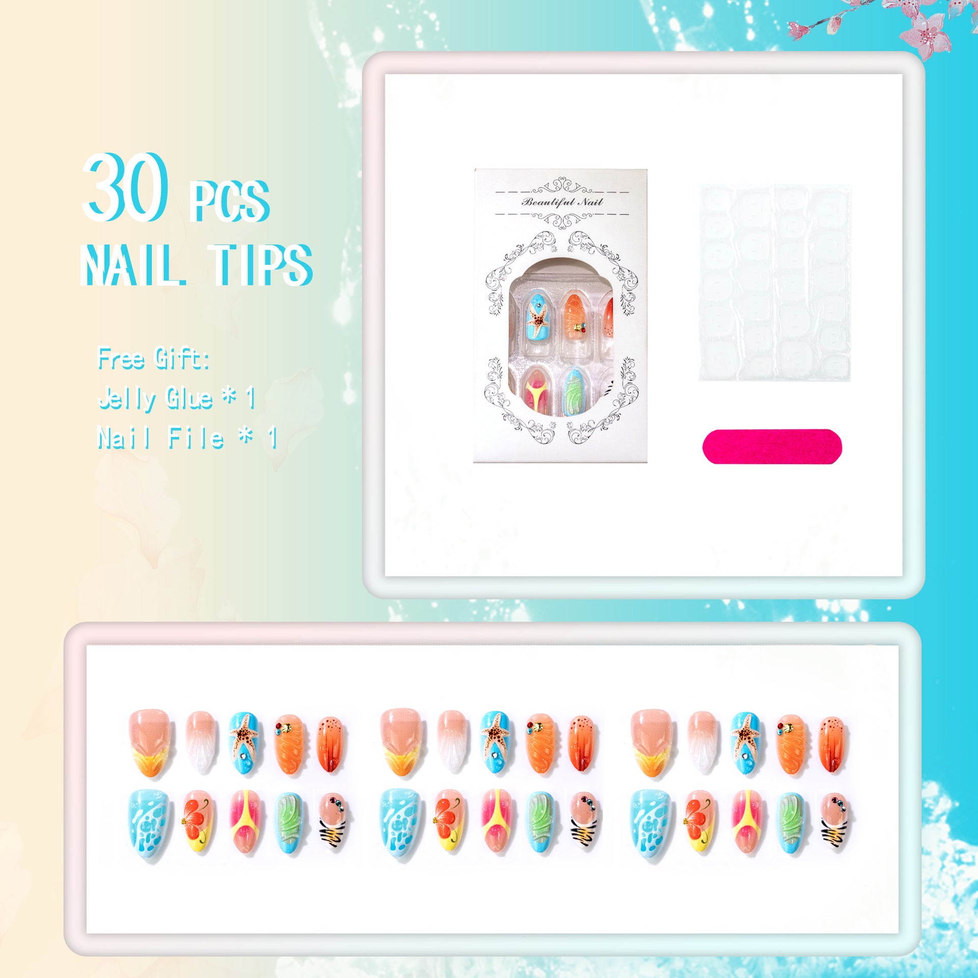 Wave Texture & Shell French Nails, Short Almond, 30 Pieces on hand