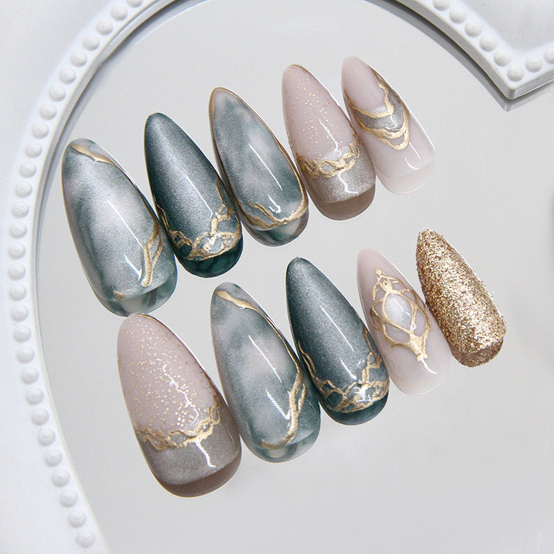Cat Eye & Gold-Plated Press-On Nails, Medium Almond, 24-Piece Set – side angle