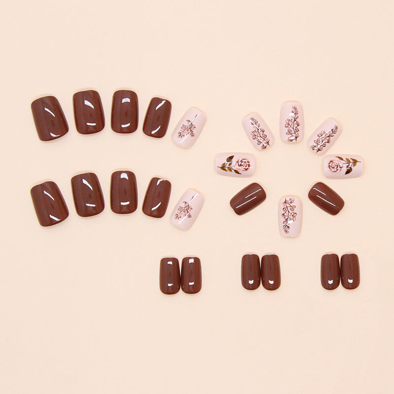 Short Square Solid Color & Rose Press-On Nail Set (24 Pieces) on hand