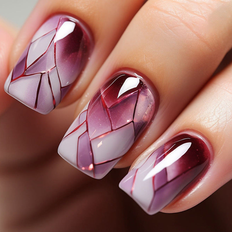 Crackle Texture & Wine Red Gel Press-On Nails, Medium Square – front view