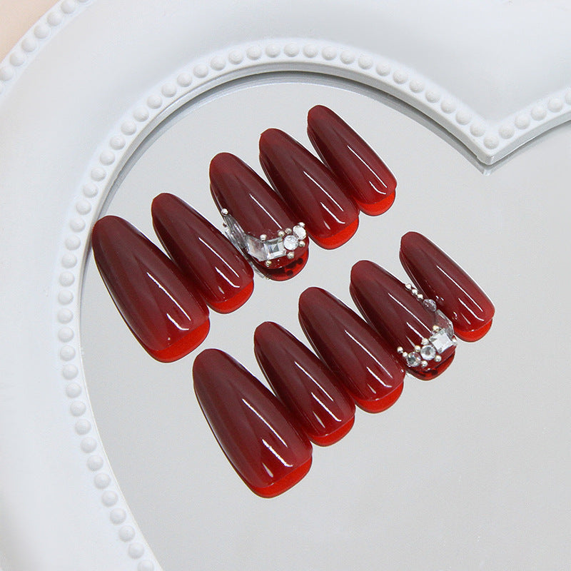 Wine Red & Glitter Press-On Nails, Medium Almond – side angle