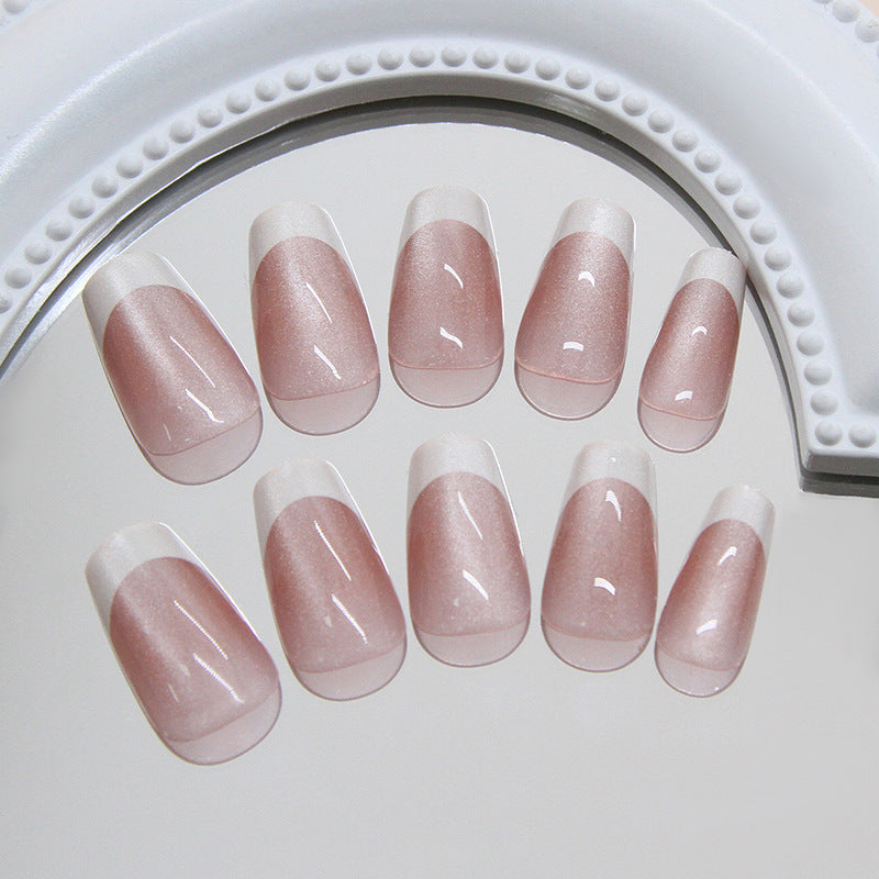 Cat Eye & French Tip Cat Eye Nails, Short Ballerina, 24 Pieces on hand