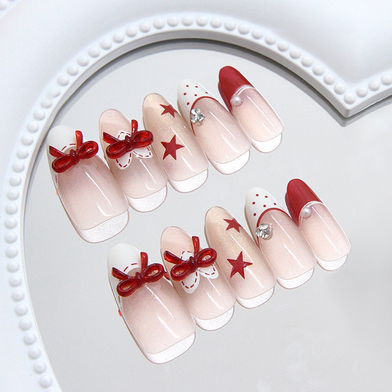 Medium Almond Bowknot & Polka Dot Press-On Nail Set (30 Pieces) – side angle