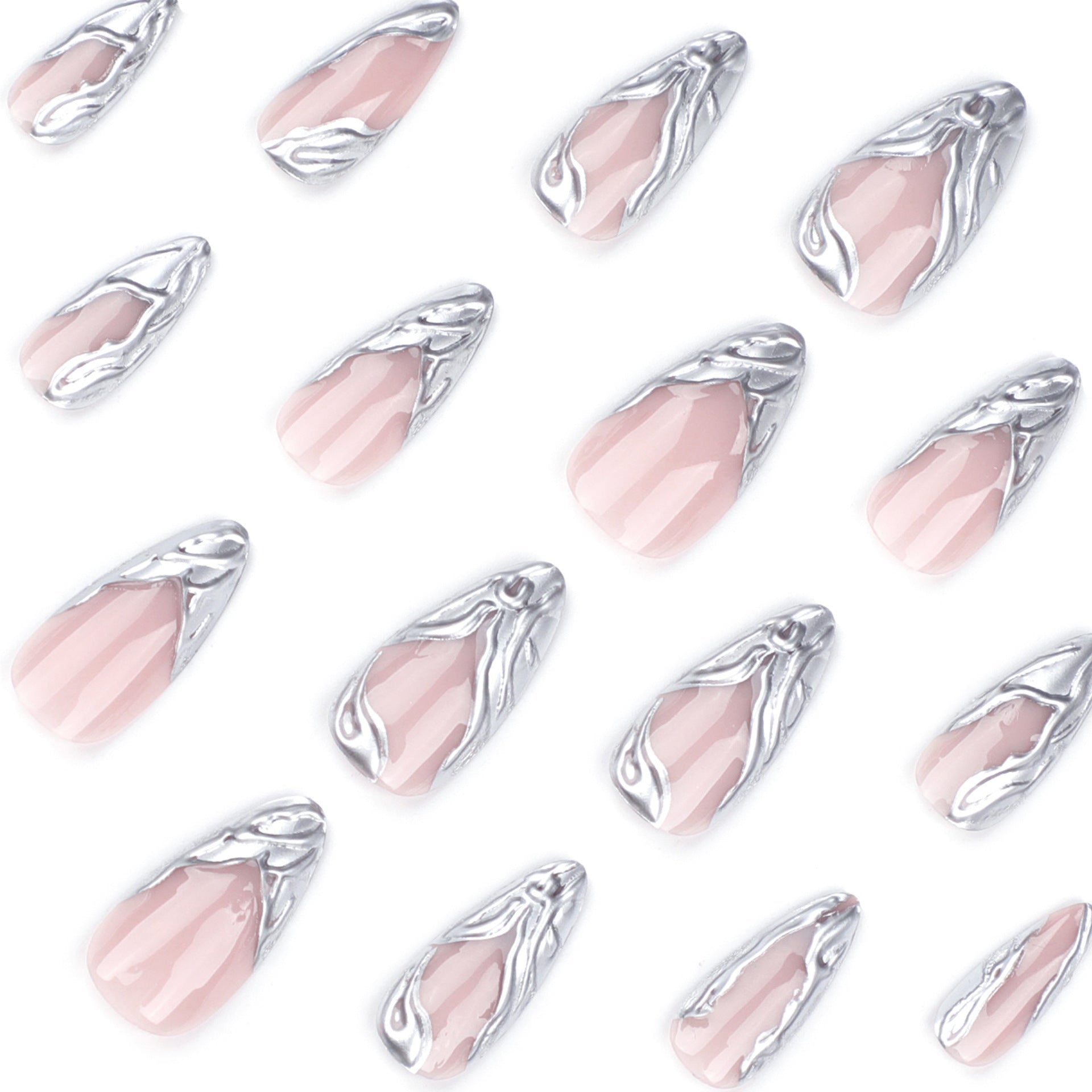 French Tip & Silver Accent French Press-On Nails, Long Almond on hand