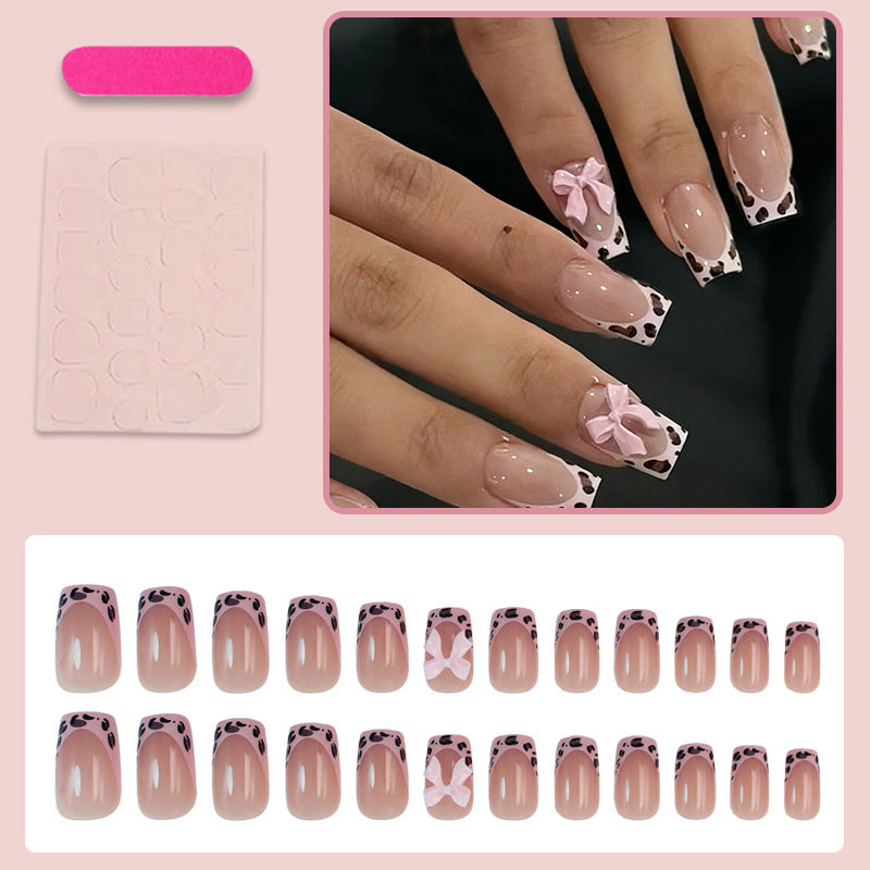 French Tip & Leopard Print Press-On Nail Set (24 Pieces) – close-up detail