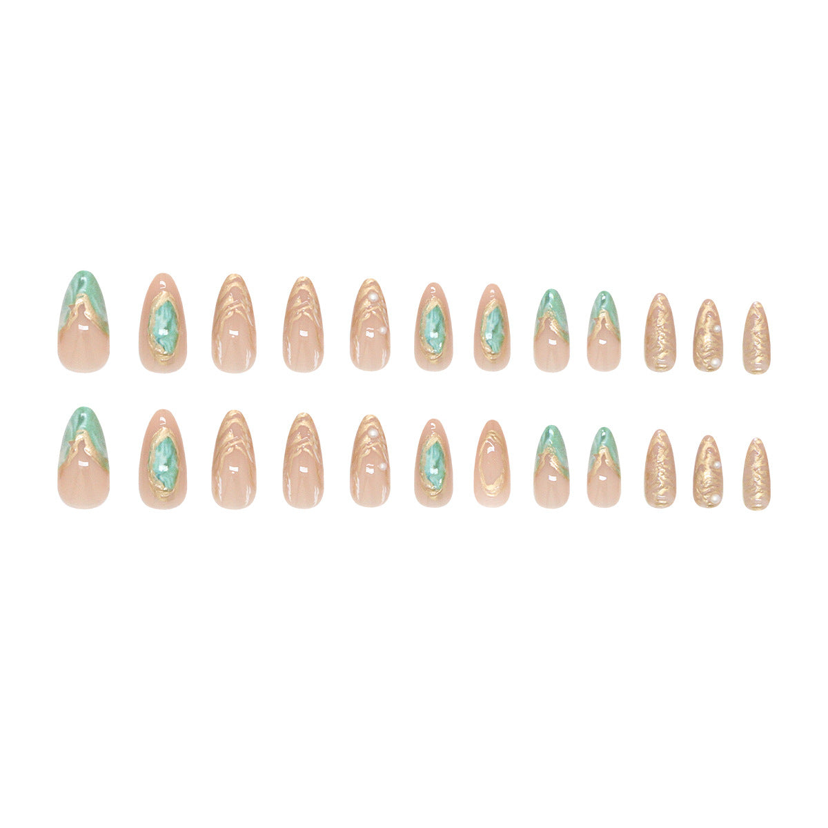 Gilt French Tip Press-On Nails with Aurora Quicksand & Pearls, Almond – full set laid out