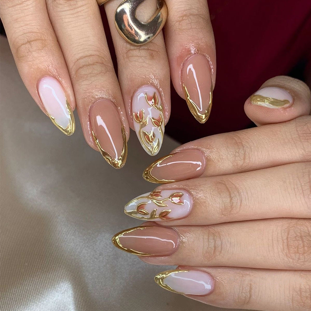 Gold-Plated & Embossed Texture French Press-On Nails – front view