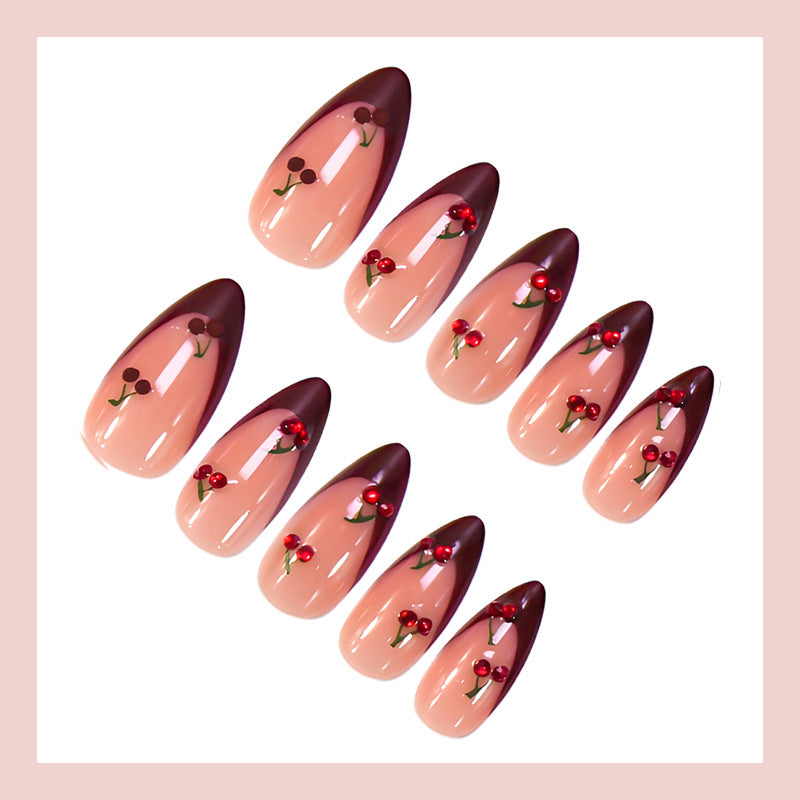 Diamond Accent & Cherry French Nails, Almond, 24 Pieces – side angle