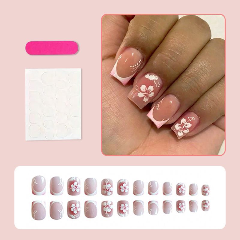 French Tip & Floral Press-On Nails, Short, 24-Piece Set – close-up detail