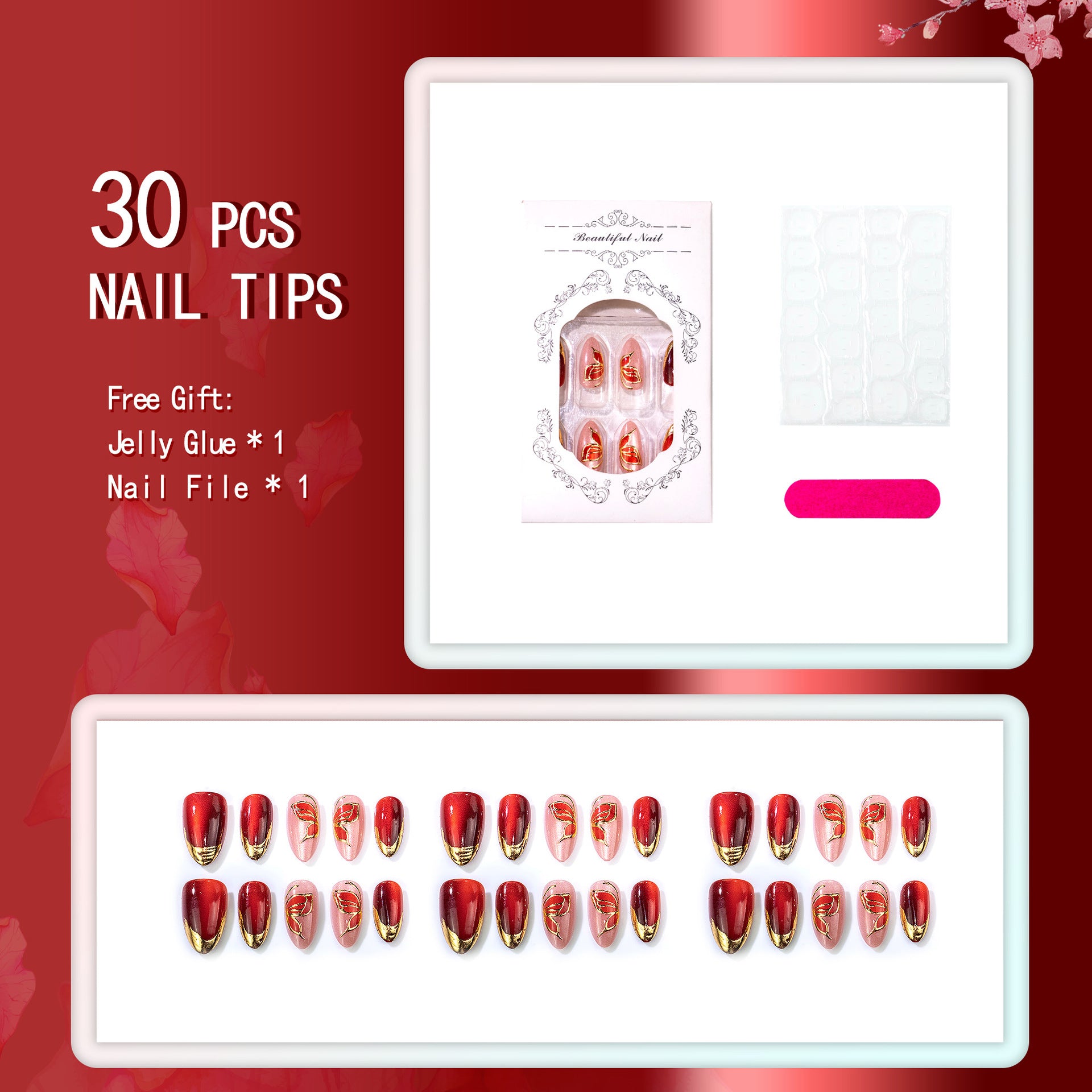 Cat Eye & Wine Red Press-On Nails on hand