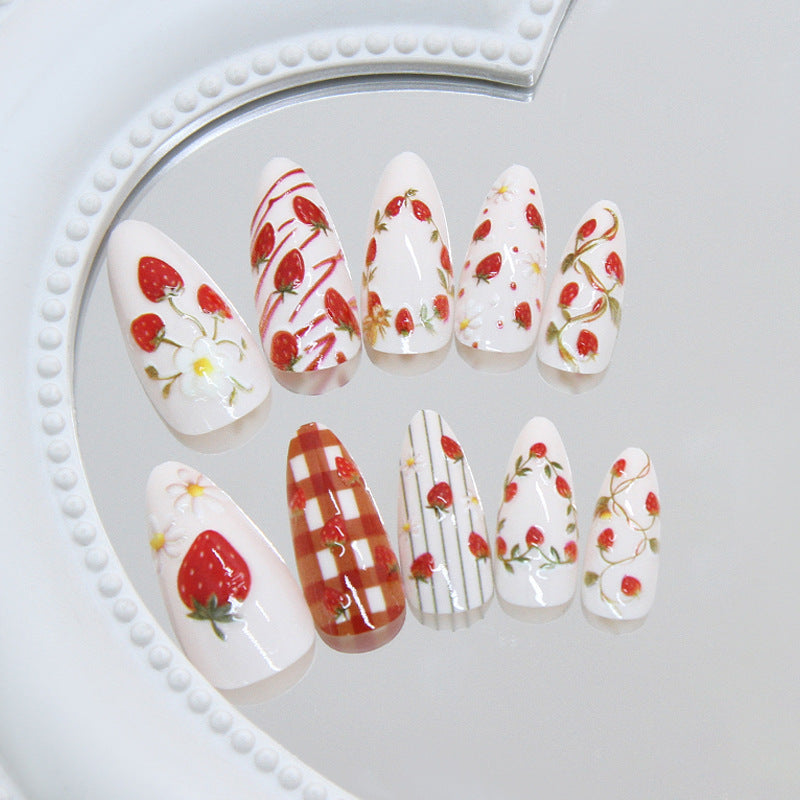 Strawberry Press-On Nails, Medium Almond, 24-Piece Set on hand