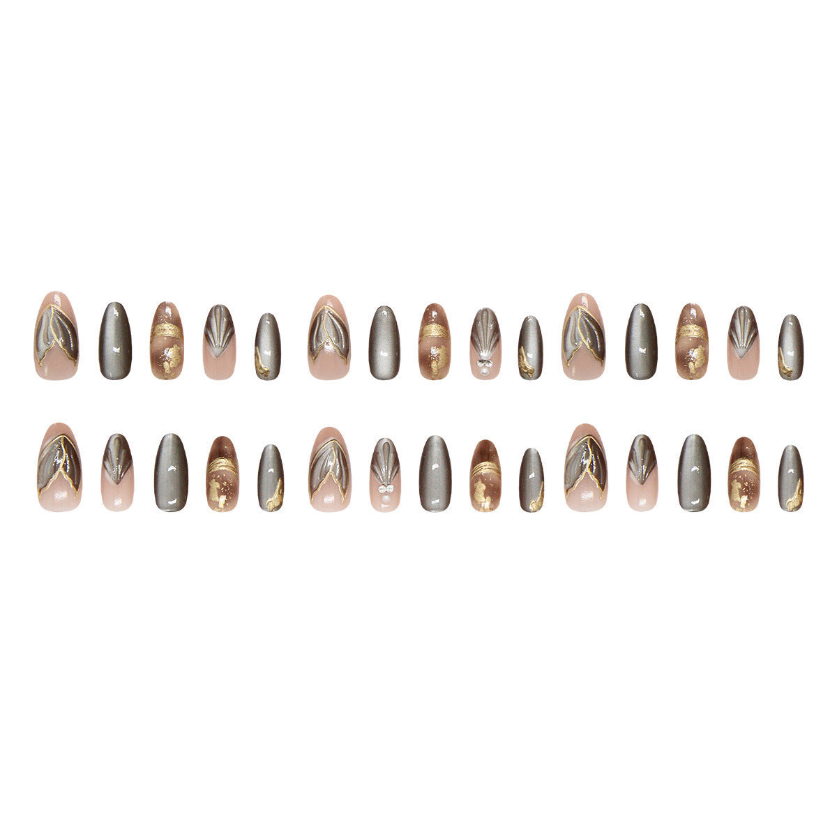 Cat Eye & French Tip Cat Eye Nails, Medium Almond, 30 Pieces – full set laid out