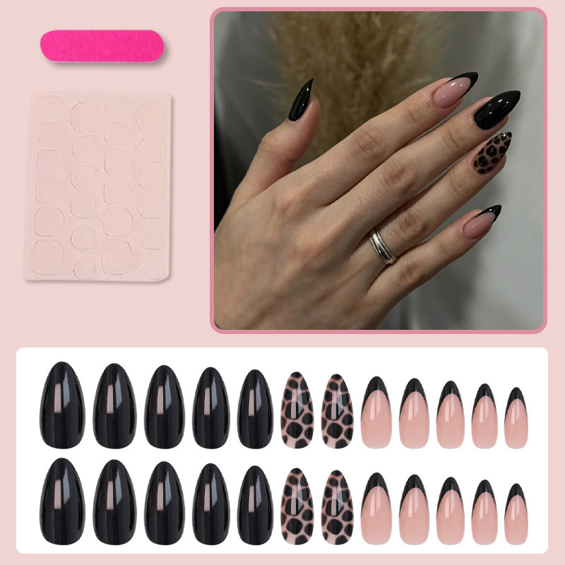 French Tip & Leopard Print Press-On Nails, Almond, 24-Piece Set – side angle