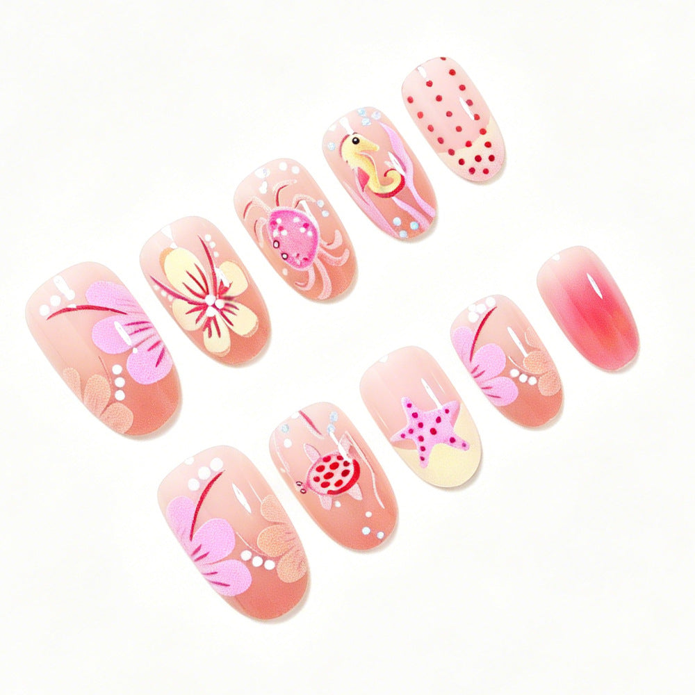 Floral & Ocean Motif Press-On Nail Set (24 Pieces) – side angle