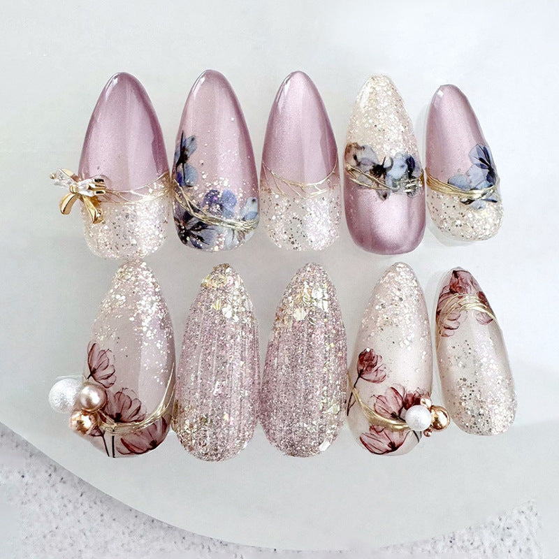 Pearl Detail & Bowknot Press-On Nails, Medium Almond – front view