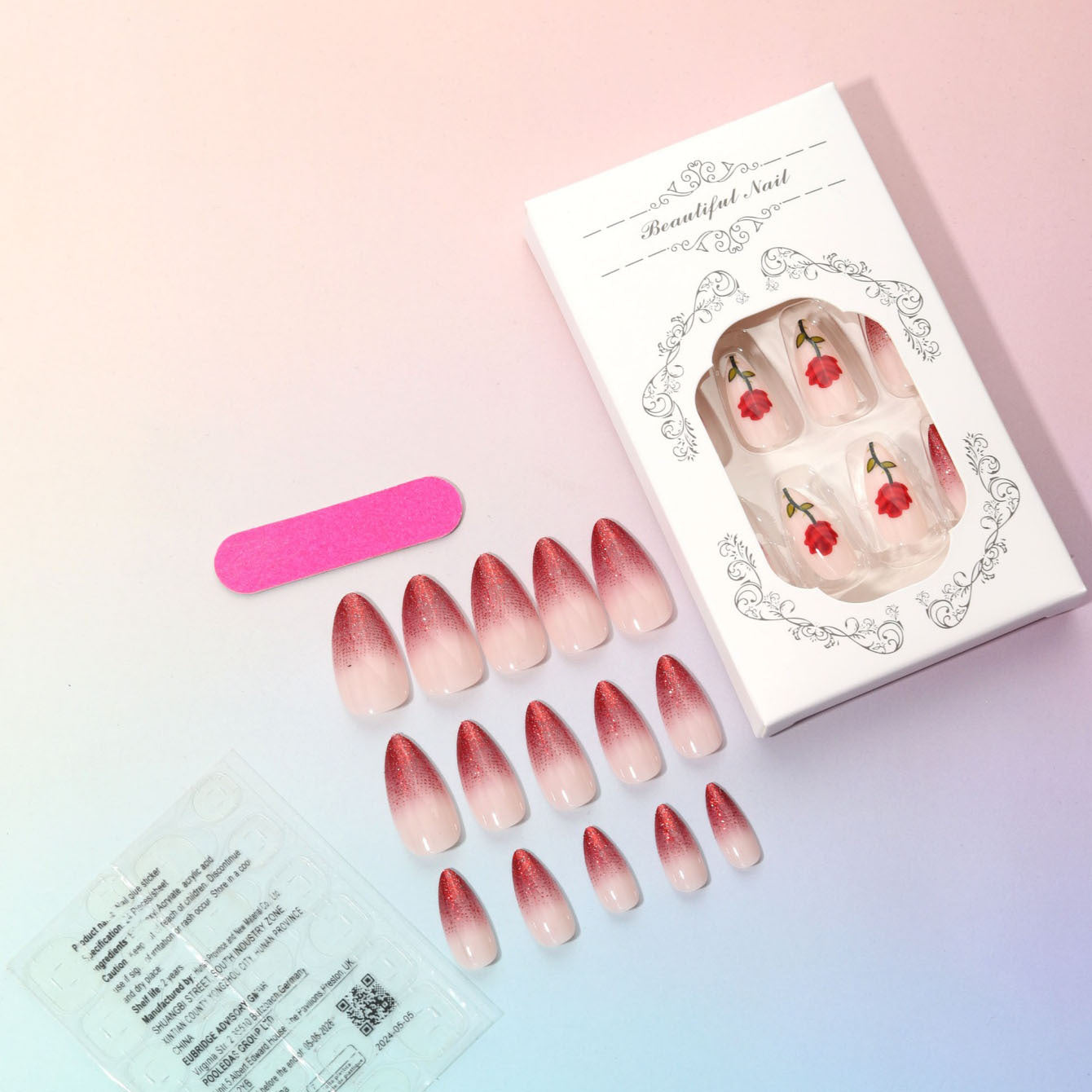Rose & French Tip French Press-On Nails – close-up detail