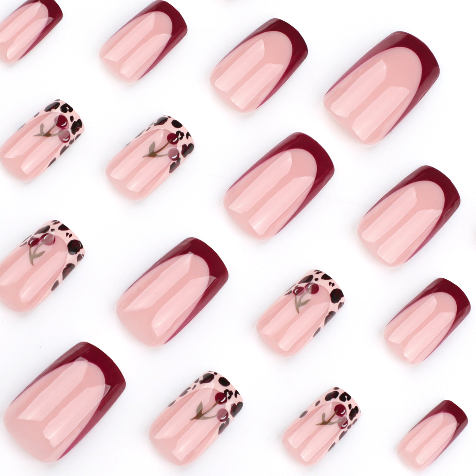 French Tip & Leopard Print French Press-On Nails, Short Square – side angle