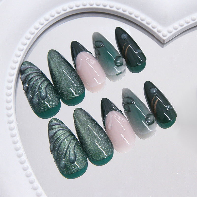 Corrugated Texture & French Tip Cat Eye Press-On Nails, Medium Almond – side angle