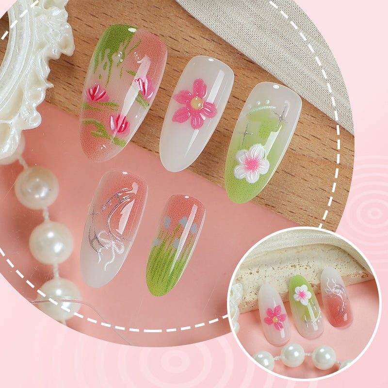 Medium Almond Embossed Texture & Floral Press-On Nail Set (30 Pieces) – close-up detail