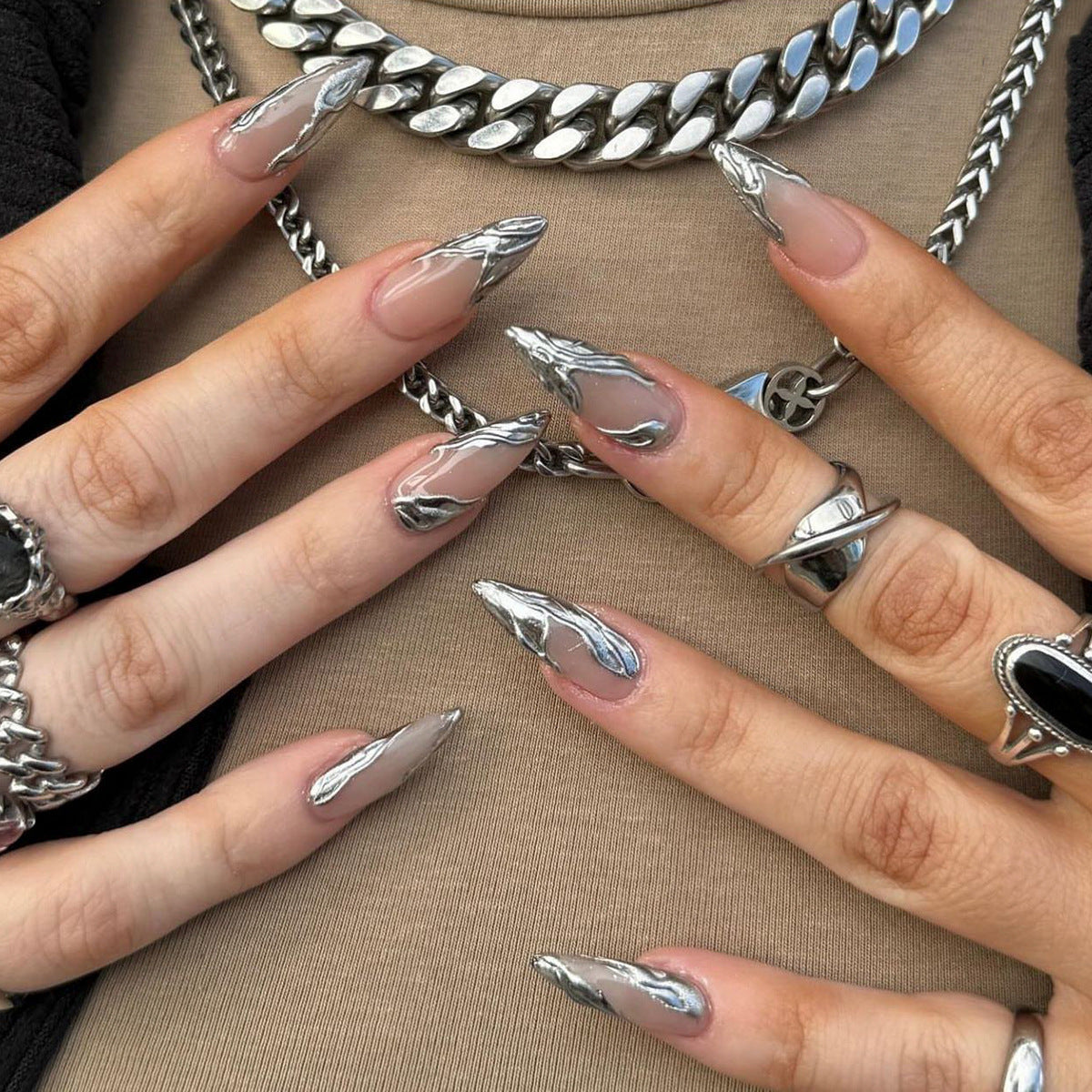 French Tip & Silver Accent French Press-On Nails, Long Almond – front view